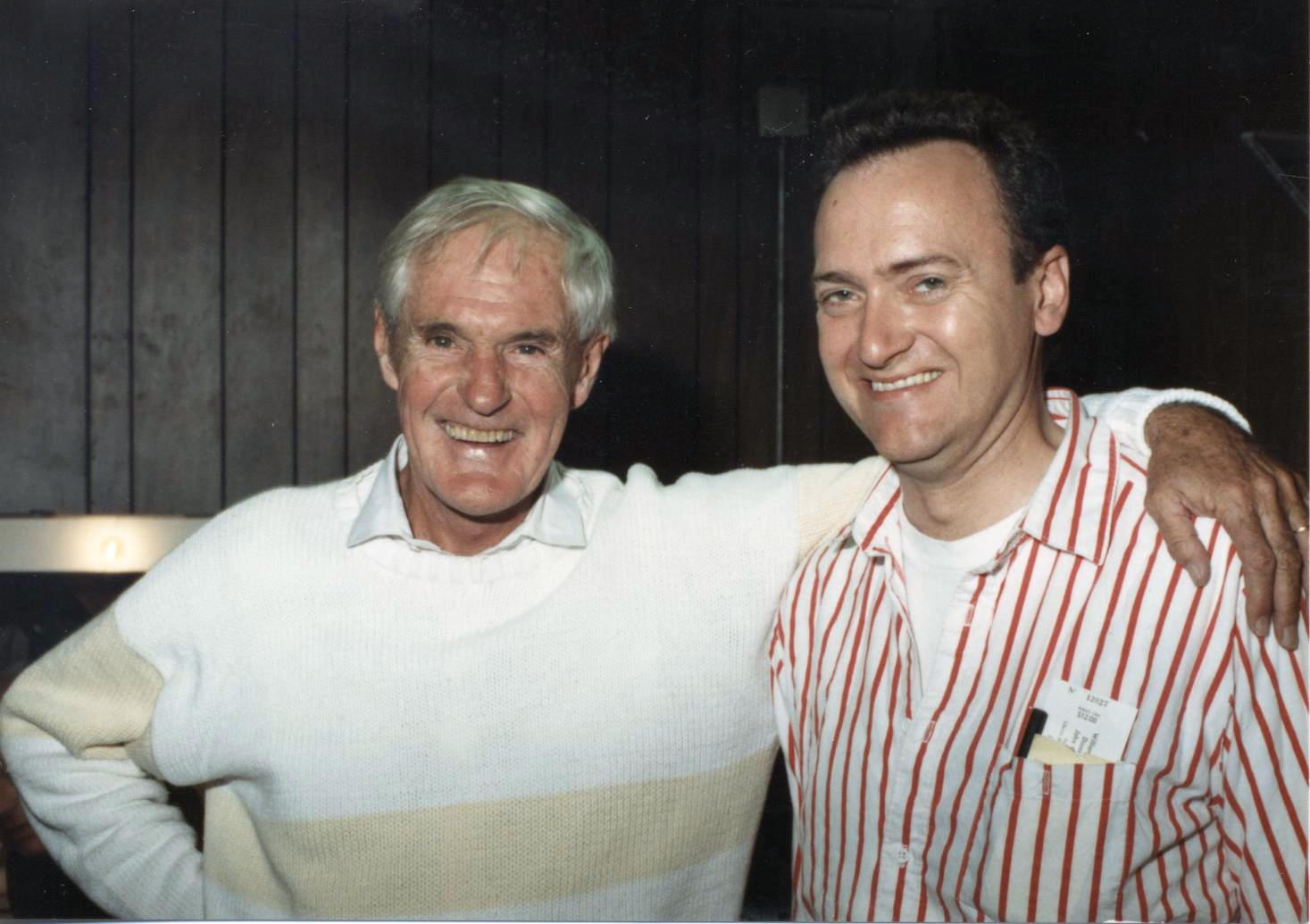 [Dr. Timothy Leary and George Laughead Jr., Liberty Hall, Lawrence, Kansas. Back stage after Dr. Timothy's performance at the River City Union, September 12, 1987. Photograph by Doug L. Miller: used with permission.]