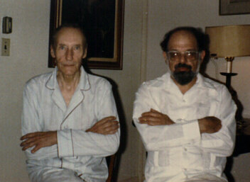 Photograph: Beat Generation founders William S. Burroughs and Allen Ginsberg wearing old fashion cotton PJ's with big buttons,
in William's house. Photograph by Pat Elliott, copyright, all rights reserved, used with permission.