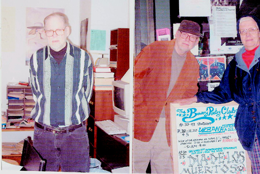 [Photographs: James Mechem in
Caprice magazine office, East 57th. St., New York, Oct. 30, 2003. James
Mechem and Ruby Baresch at the Bowery Poetry Club in NYC, Oct. 30, 2003.
Photographs by Denise Low.