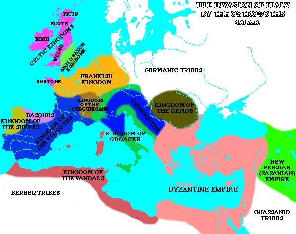 [Map of the Mediterranean
World in 490 AD.]