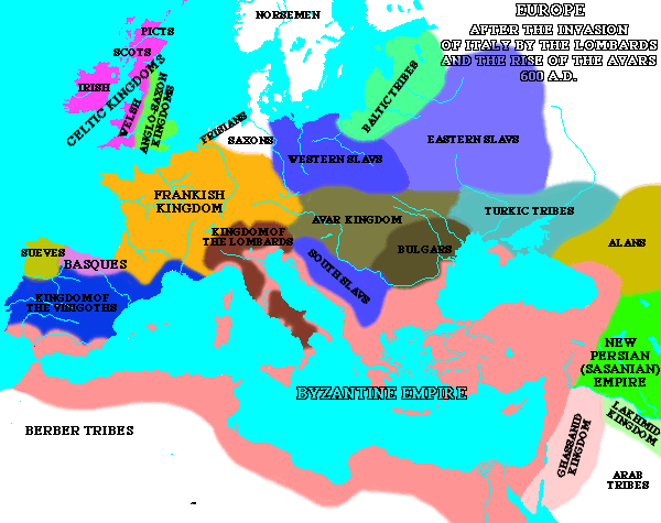 [Map of the
Mediterranean world in 600 AD]