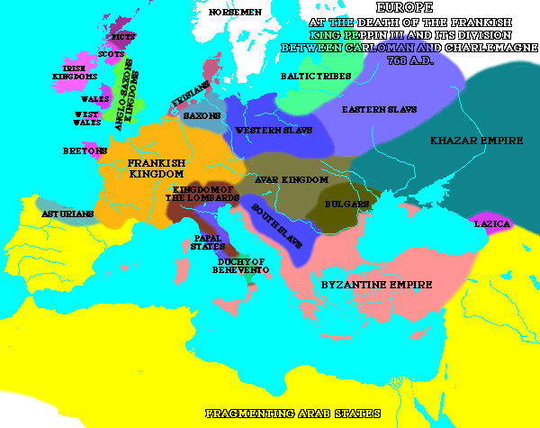 [map
of the Frankish kingdom in 768 AD]