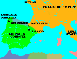 [Map of the Frankish Empire and Spain in 778 AD]