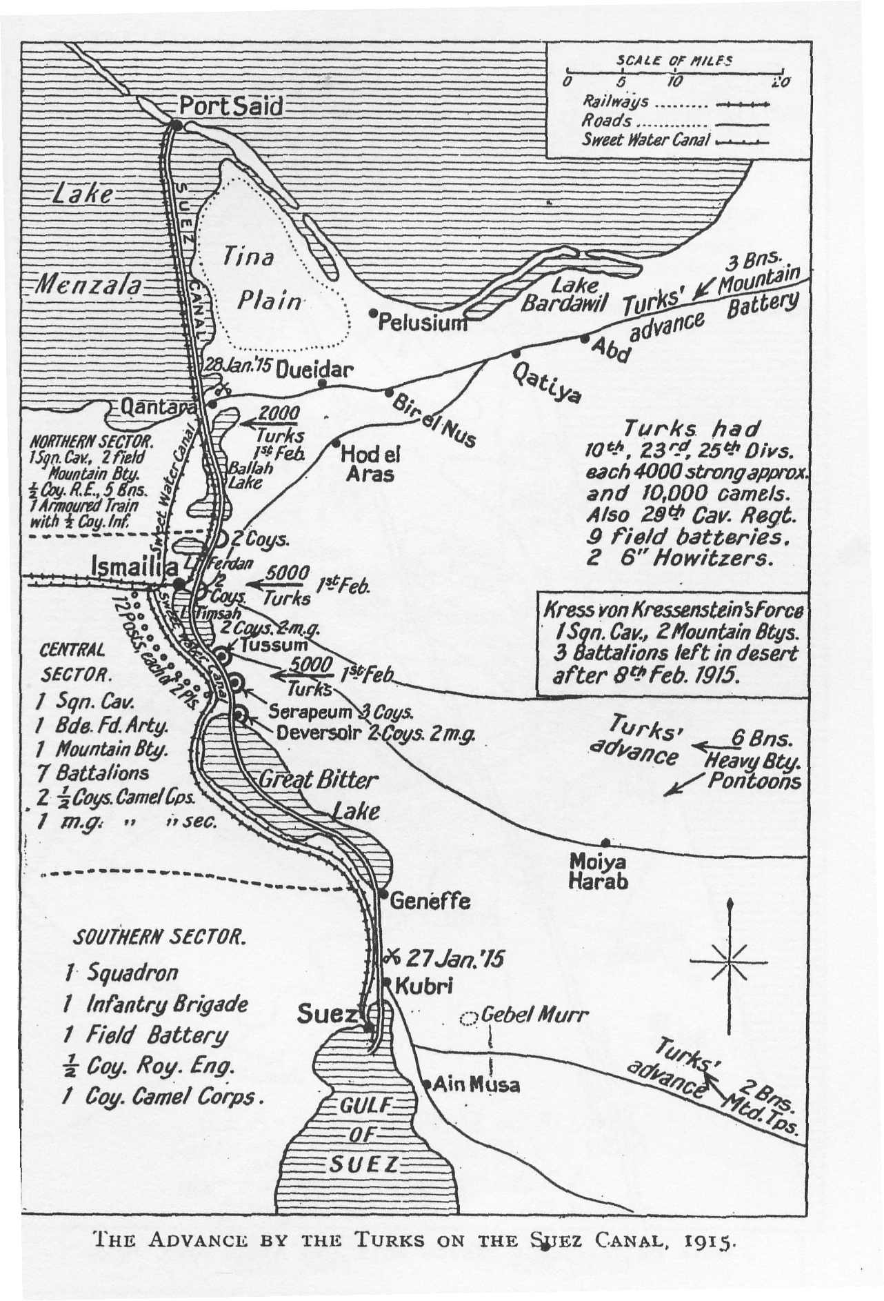 [WWI map:The Advance by the Turks on the Suez Canal, 1915]