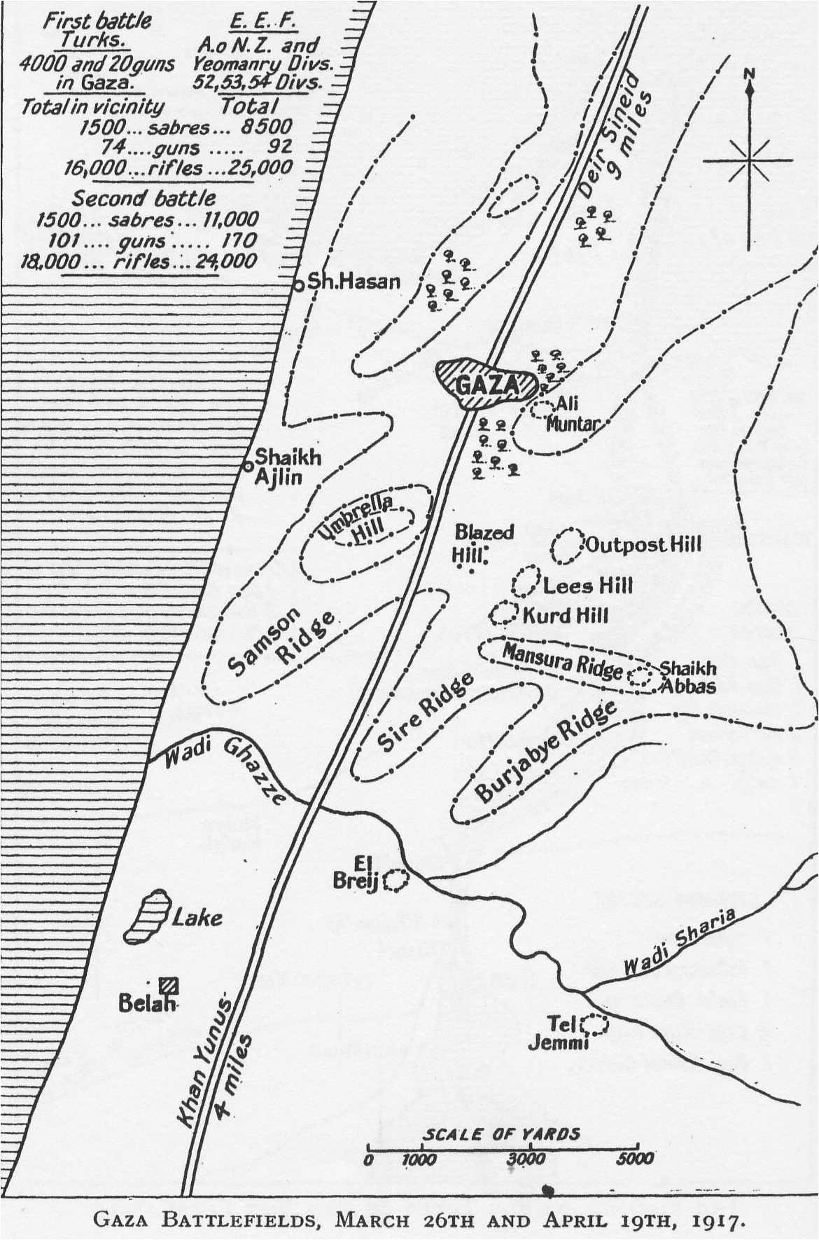 [WWI map: Gaza Battlefields, March 26 and April 19, 1917]