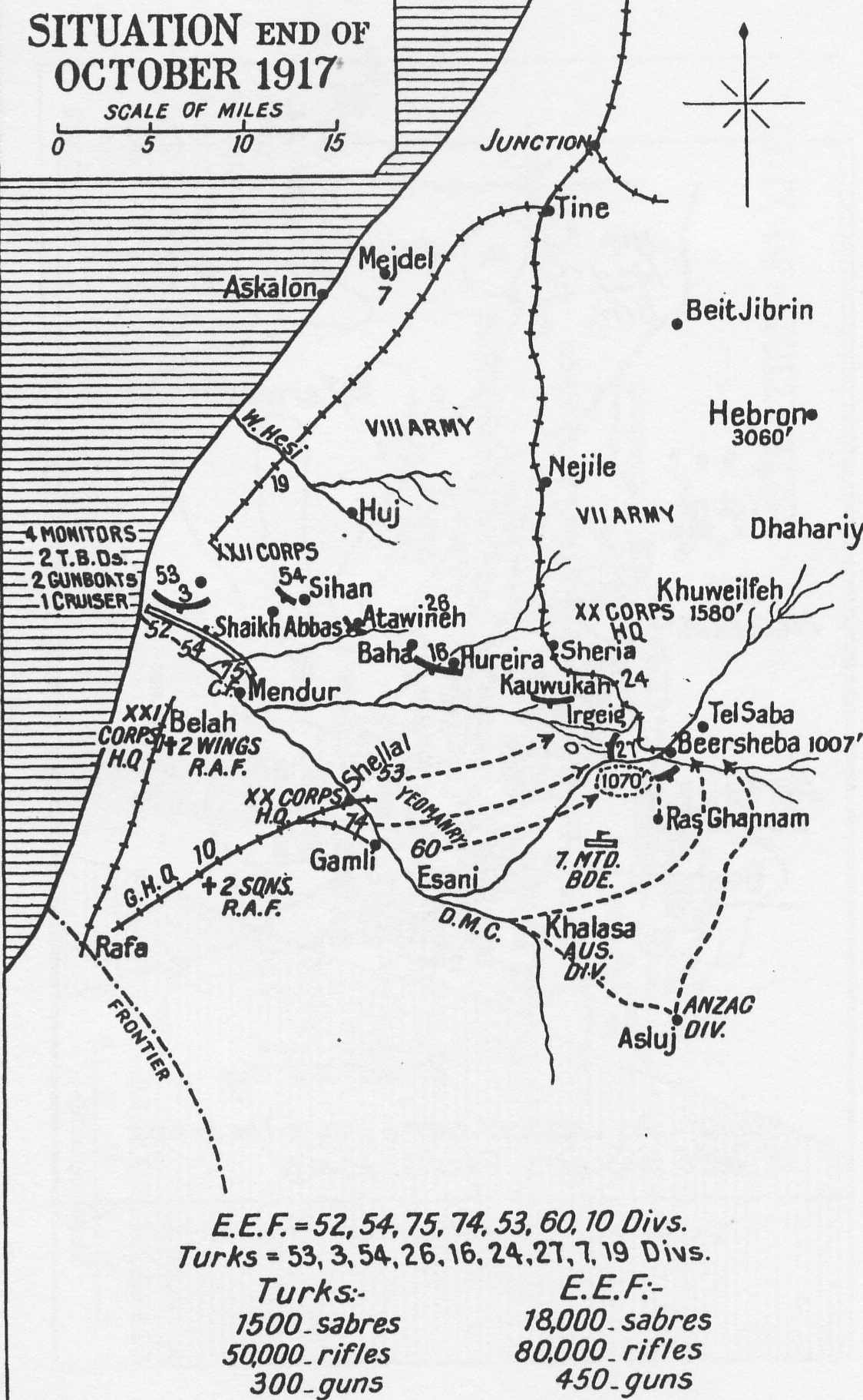 [WWI map: Gaza Battlefields, March 26 and April 19, 1917]